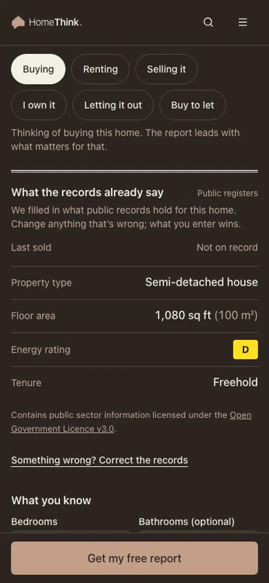The address lookup on a phone: the chosen home's details, under the reader's purpose