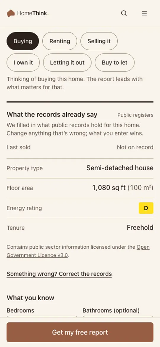 The address lookup on a phone: the chosen home's details, under the reader's purpose