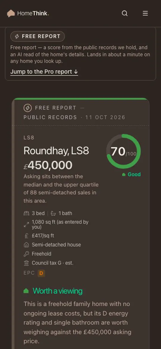 The top of a Free report on a phone: the home's score and the asking price set against local sales