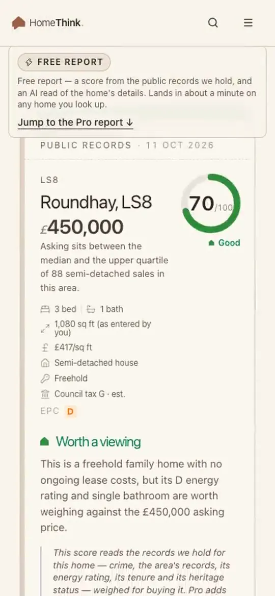 The top of a Free report on a phone: the home's score and the asking price set against local sales