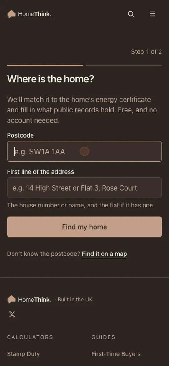 HomeThink on a phone: a postcode and the first line of the address typed in, the home matched, then a Free report