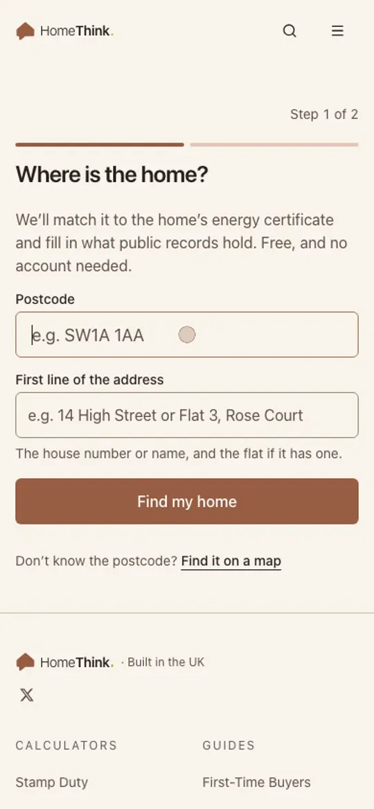 HomeThink on a phone: a postcode and the first line of the address typed in, the home matched, then a Free report